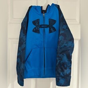 Under Armour Boys Sz 7 Blue Camo Fleece Lined Zip Up Hoodie Athleisure Logo Cozy